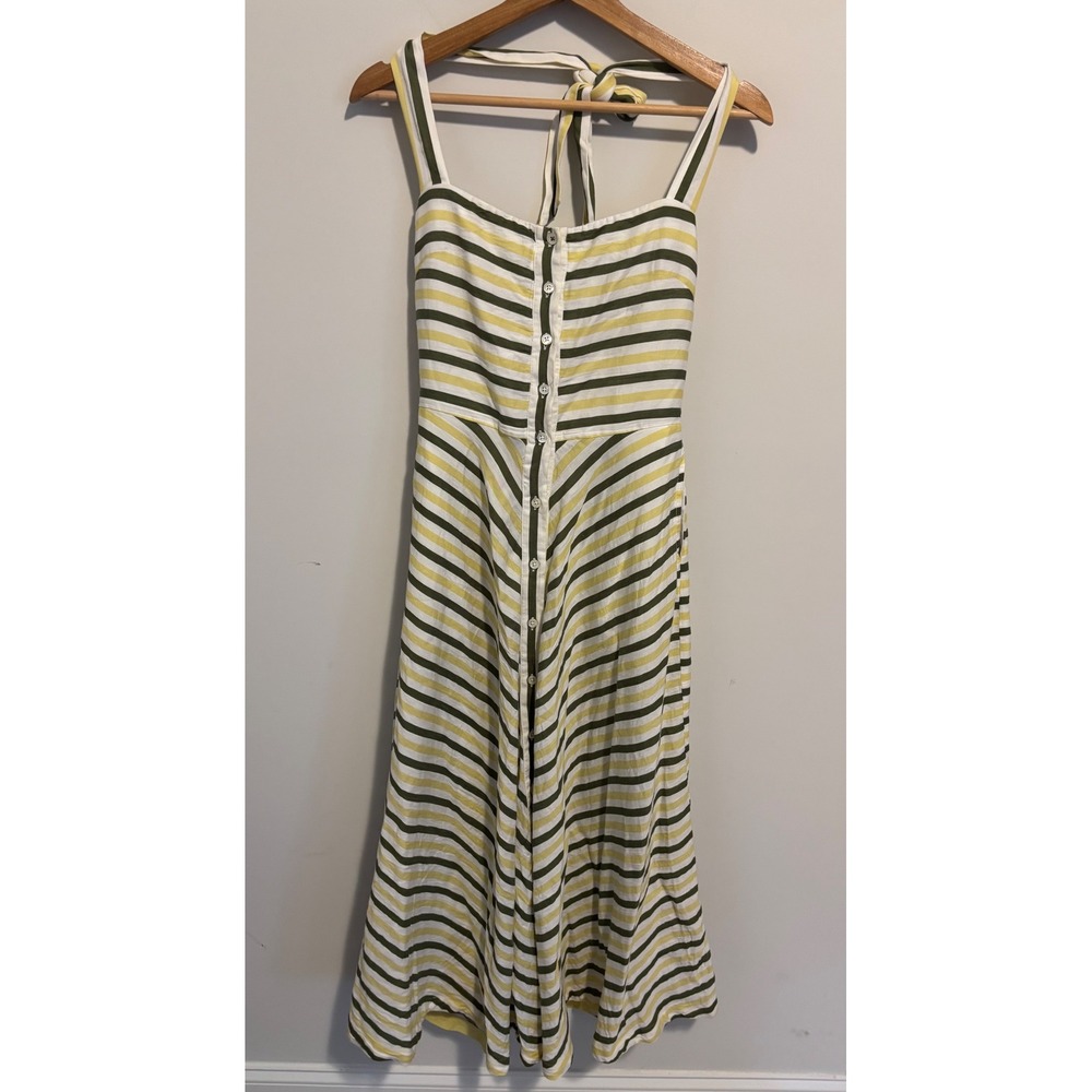 Tuckernuck Green Yellow Mirabel Striped Halter Midi Dress Smocked Back Small